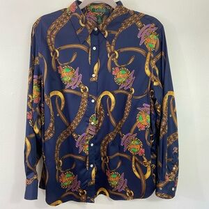 LRL Equestrian Shirt Satin Charmeuse Cotton Preppy Western 1X Old Money Navy